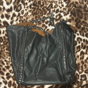Black Leather Chain Tote Bag